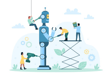 Assembling machines and program, AI technology production vector illustration. Cartoon tiny engineers repair robot with mechanic diy tools and equipment, scientists fix android, create hardware
