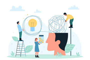 Innovation, business development of corporate assets, skills management vector illustration. Cartoon tiny people unravel tangled knot and chaos in abstract human head, holding lightbulb. Idea concept