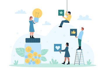 Customers feedback, assessment on recommend innovation ideas vector illustration. Cartoon tiny woman standing on jar of light bulbs, holding lamp, characters with heart, thumbs up and star symbols