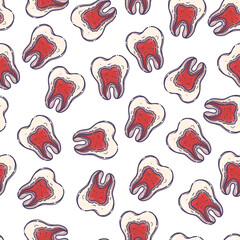 Teeth care treatment collection. Dental medicine theme pattern for posters, books, leaflets, stickers. Illustrations of teeth with pulpitis. Vector hand drawn style.