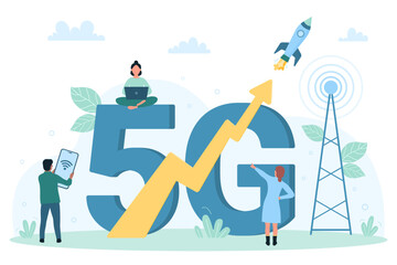 5G speed internet, network technology and communication vector illustration. Cartoon tiny people using mobile devices and laptop for wireless broadband connection to city antenna near 5G word