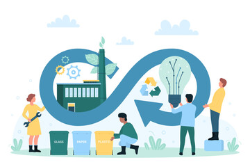Circular economy, eco friendly energy production vector illustration. Cartoon infinity sign with factory, leaves and light bulb inside and tiny people, industry development cycle with waste recycling