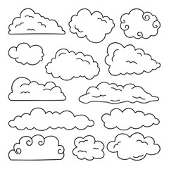 Hand drawn set of Clouds doodle icons. Sky in sketch style. Vector illustration isolated on white background
