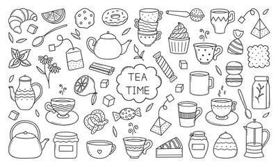 Hand drawn set of Tea time doodle icons. Teapots, cups, lemon and sweets in sketch style. Vector illustration isolated on white background
