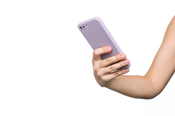 Mobile phone in purple case in female hand isolated on a white background. Template for the design....