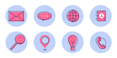 Web, website, contact, magnifying glass, Light Bulb, message, Bubble, icon. Globe and earth planet flat icon. Spherical rounded object. Vector flat illustration set