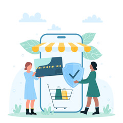 Safe payment in online store vector illustration. Cartoon tiny people protect digital financial transaction, woman holding credit card to pay for purchases and safety shield near big smartphone