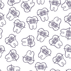 Teeth care treatment collection. Dental medicine theme pattern for posters, books, leaflets, stickers. Illustrations of teeth with braces. Vector hand drawn style.