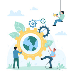 Global business communication, cooperation vector illustration. Cartoon tiny people moving mechanism with cogwheels, gears and globe inside, integrate modern technology in company organization