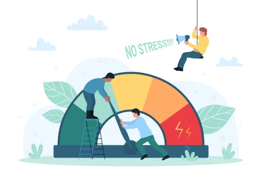 Stress level solution and tension decrease vector illustration. Cartoon tiny people reduce pressure of office problems and overload with emotions, push arrow of indicator from bad to good mood