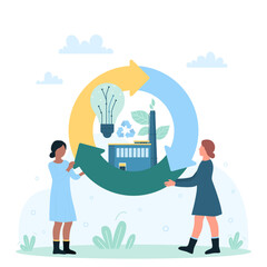 Circular economy and energy production vector illustration. Cartoon tiny people holding cycle sign with power factory, green plant and light bulb inside, manufacturing circulation process in industry