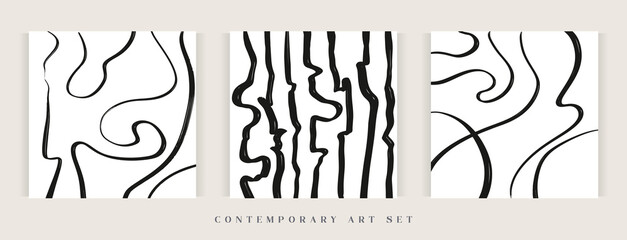 Modern abstract pattern art set. Contemporary trendy black and white print template. Minimalist vector set perfect for packaging design, web design, fabric, wallpaper or social media.
