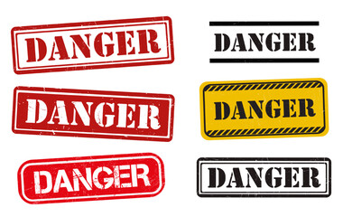 Danger stamp vector set. Old grunge warning signs on white paper