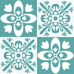 Blue mint Azulejo design for ceramic tile and wall design, traditional spanish background white pastel color, vector illustration