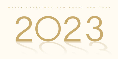 Happy New Year 2023 modern text with reflection. Vector luxury Christmas design gold color.