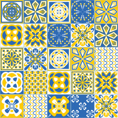 Azulejo spanish portuguese square tiles, vector illustration for wall decoration, yellow blue white color
