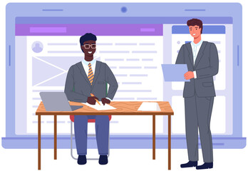 Obraz premium Office staff, work and communication. Head and subordinates. Various workers, managers team. Top managers employees of different levels. Office workers. Co-workers. Colleagues discuss project teamwork