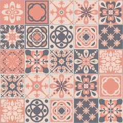 Pink square seamless pattern, spanish tiles Azulejo talavera, pastel gray decoration, vector illustration