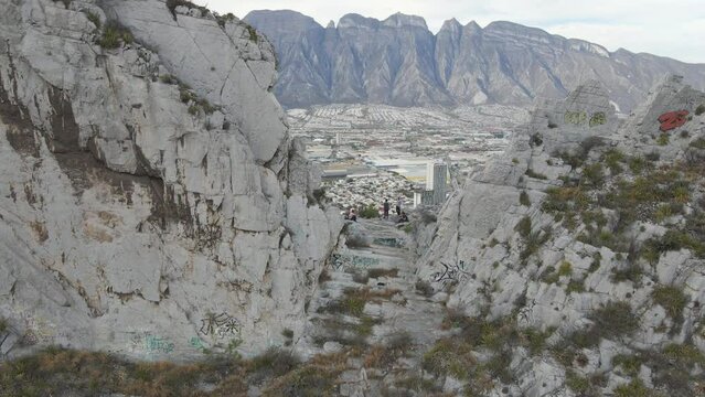 La Huasteca ecological park Monterrey, Nuevo Leon, Mexico climbing area "La Raya" aerial view to "santa Catarina" drone shot