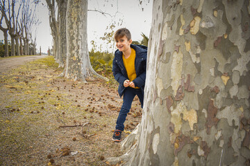 Niño pequeño rubio detrás de un árbol jugando al escondite - obrazy, fototapety, plakaty