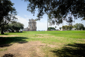 Fototapeta na wymiar View of Belem tower from a park in Lisbon