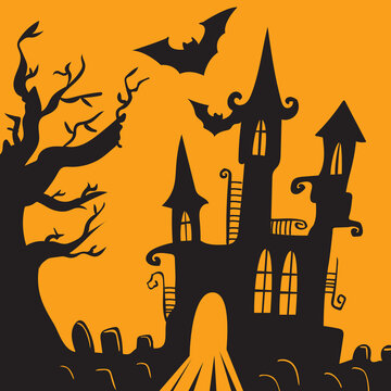 halloween background with house and pumpkin and tree and bats flying