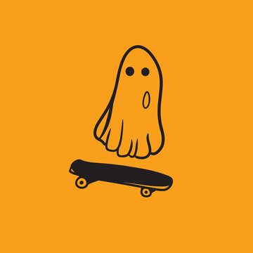 Ghost Playing Skateboard Halloween Vector Cute Mascot Logo Illustration