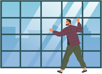 Fototapeta na wymiar Young smiling man talking to somebody. Male person dressed in casual clothes walking in office room next to big window. Vector illustration of bearded guy near showcase in cartoon style flat design