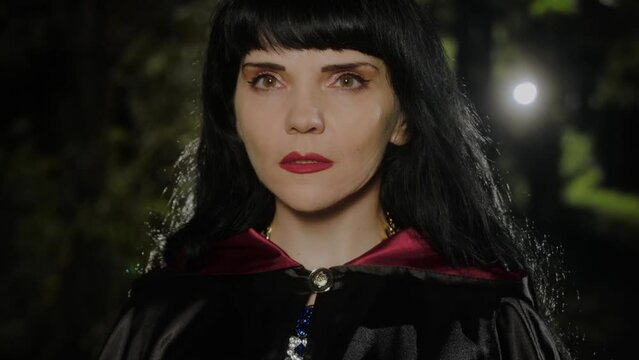 A girl with long black hair, brightly painted lips, and brown eyes wearing a fantasy cape with a necklace on it looks straight at the camera against a background of flickering light. Close-up.