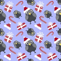 Cartoon owl seamless Christmas gifts box and Santa hat pattern for wrapping and clothes print and kids and fabrics