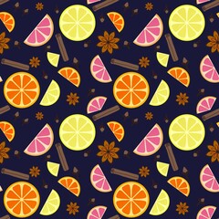 Winter warm mulled wine ingredients seamless doodle cartoon pattern for wrapping and clothes print and fabrics