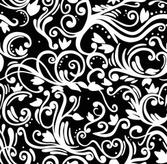 Black and white floral pattern on black background, abstract design, seamless background