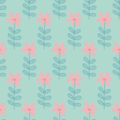 Chamomile flowers on green background seamless pattern for textile design, vector eps illustration