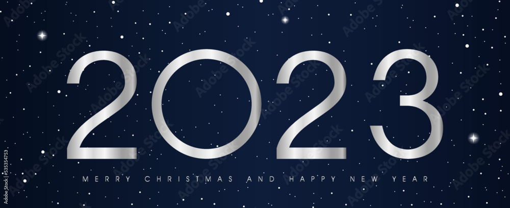 Poster happy new year 2023 modern text vector luxury design silver color line on black background with snow