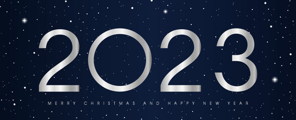 Happy New Year 2023 modern text vector luxury design silver color line on black background with snowflakes and shining stars. Merry Christmas and happy new year 3d banner.	