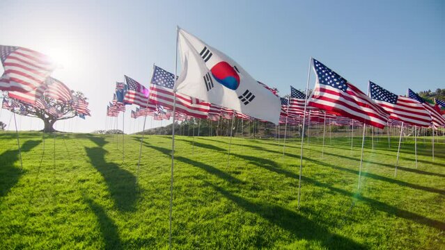 South Korea flag waving in wind with many American flags on motion background on golden sunset hour with sun flare. National Korean flag visualizing independence, freedom, tourism partnership business