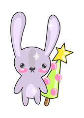 Vector illustration A cute Christmas bunny with a fancy tree. Purple hare in a flat style.