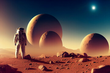 Back view of astronaut wearing space suit walking on a surface of a red planet. Martian base and rover in the background. Mars colonization concept
 - obrazy, fototapety, plakaty