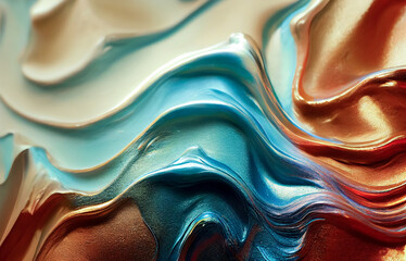 Mischen Sie farbige Flüssigkeitsspritzer, Wirbel und Wellen mit Streutropfen. Farb-, Öl- oder Tintenspritzer dynamische Bewegung, Designelemente für die Werbung einzeln auf schwarzem Hintergrund. 3D-Rendering © Viks_jin