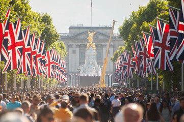 LONDON, ENGLAND- 2 June 2022: People gathered on the mall for the Queen's Platinum Jubilee in London - obrazy, fototapety, plakaty