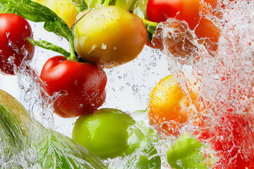 Fruits and vegetables splashing into clear water