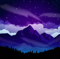 Mountains in surreal evening illustration with clouds on the horrizon and stars sparkling in the night sky
