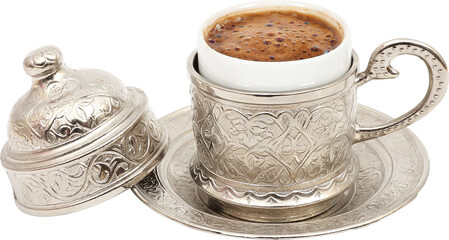 Turkish coffee in traditional silver cup on isolated white background png image - obrazy, fototapety, plakaty