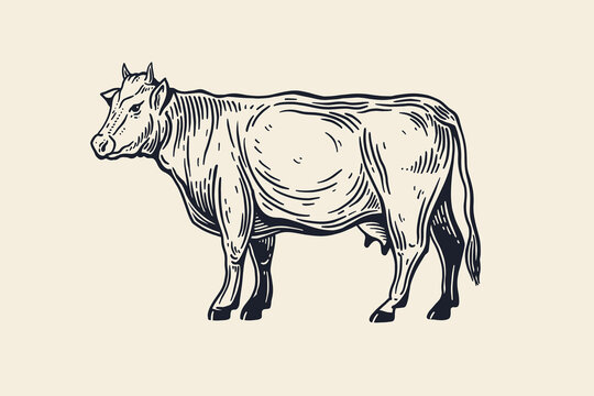 Hand-drawn cow on a light background. Advertising of dairy and meat products and farms. Can be used for dairy stores, markets and menu design, packaging and labels. Vector illustration.