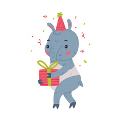 Cute Grey Tapir Animal with Proboscis Wearing Birthday Hat Carrying Gift Box Vector Illustration
