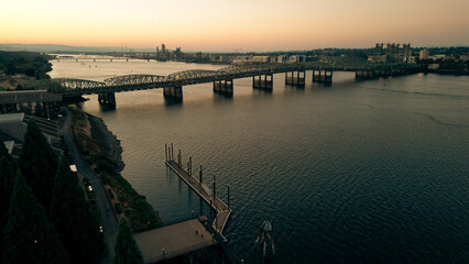 Fototapeta premium Drone footage of Oregon - Washington Interstate Bridge In Portland and Vancouver over the Columbia River water way