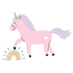 Cute pink unicorn and magic rainbow. Vector illustration on white background