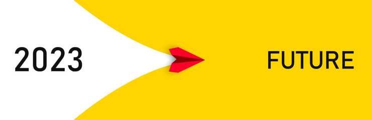 red airplane flying to future text. 2023 year plan idea concept. business creativity new idea discovery innovation technology.future idea concept.