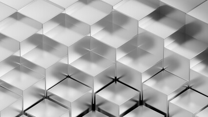 Obraz premium Abstract background with waves made of a lot of metallic white-black cubes geometry primitive forms that goes up and down under black-white lighting. 3D illustration. 3D CG. High resolution.