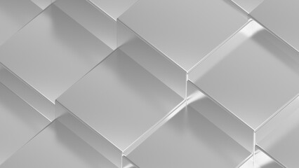 Abstract background with waves made of a lot of metallic white-black cubes geometry primitive forms that goes up and down under black-white lighting. 3D illustration. 3D CG. High resolution.